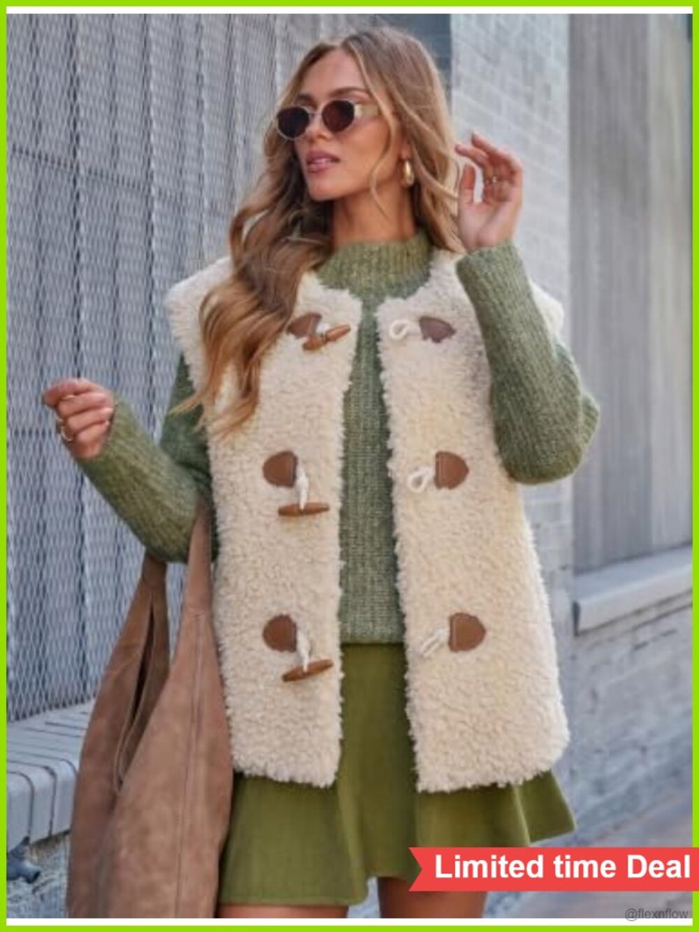 Sleeveless Fuzzy Fleece Vest Sherpa Jacket Women's Warm Toggle Button - Picture 3 of 6
